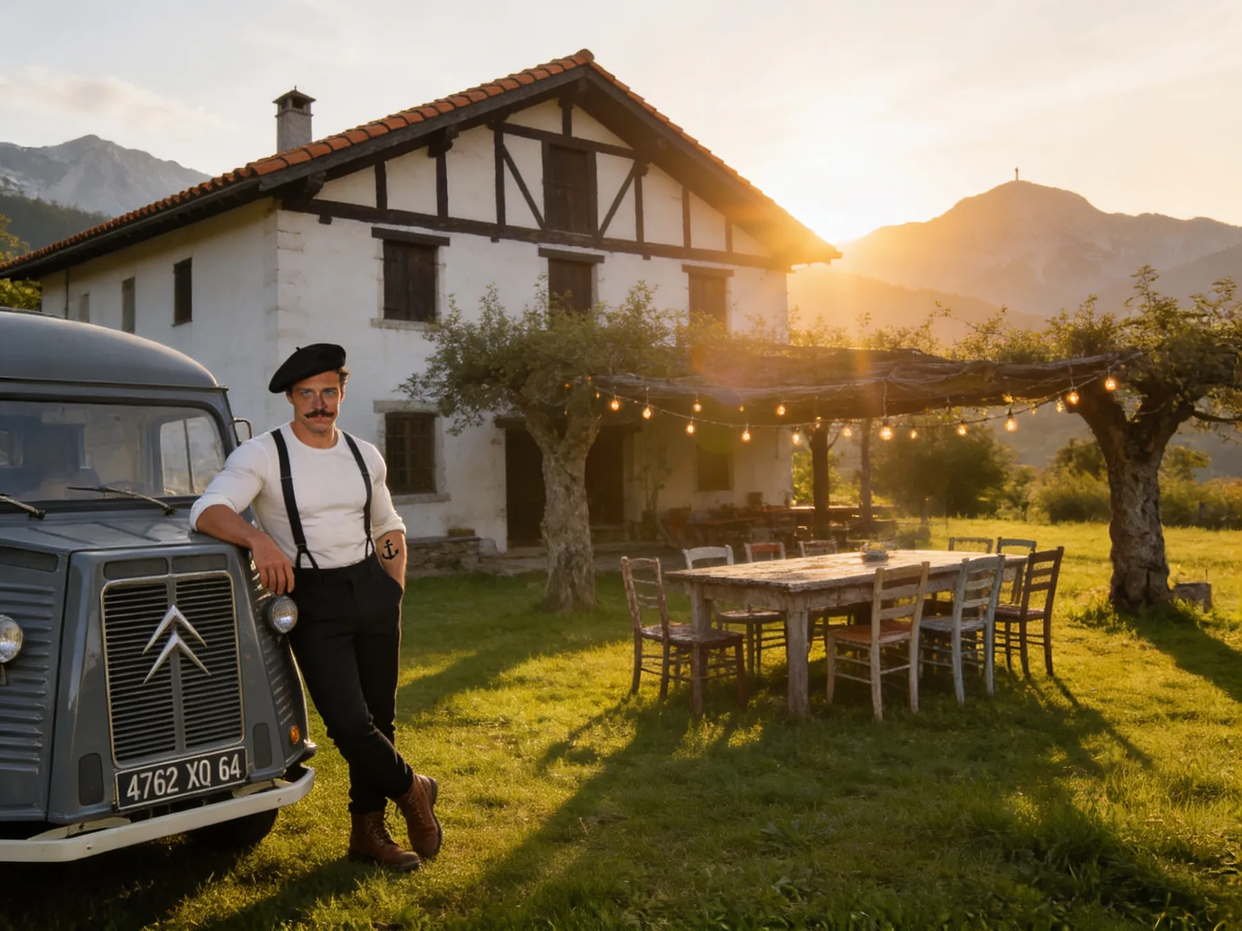 Le camion garé devant une ferme basque au soleil couchant